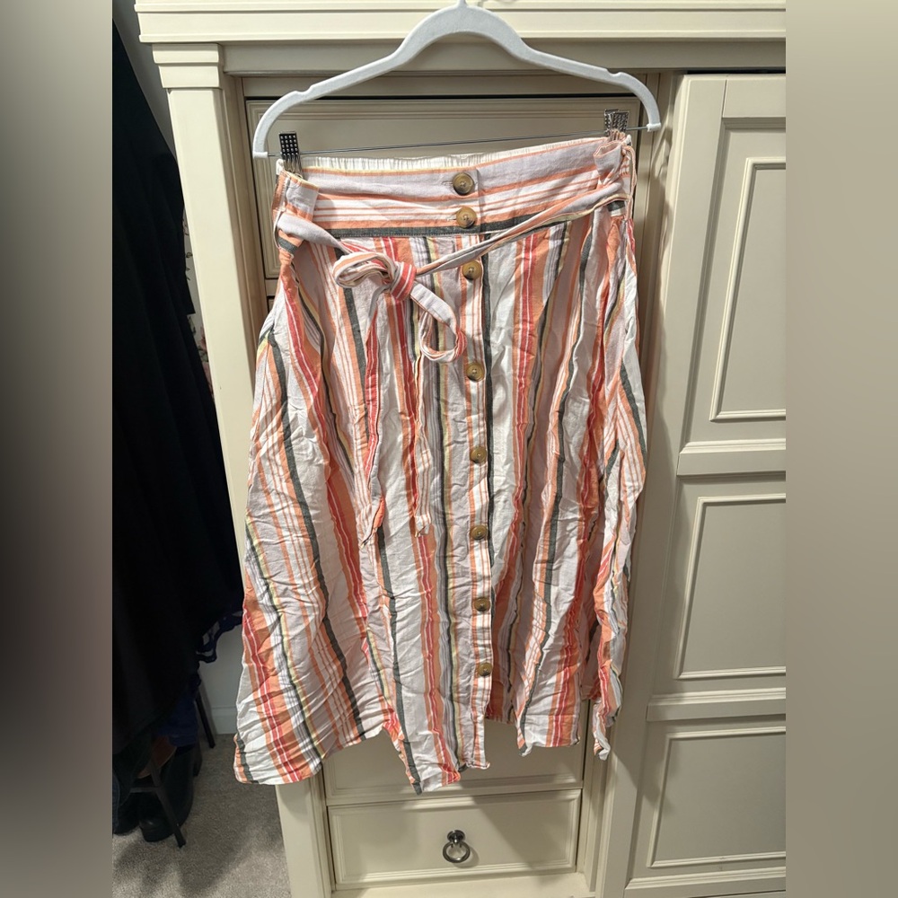 a new day Striped Button-Front Midi Skirt in Peach, White & Green